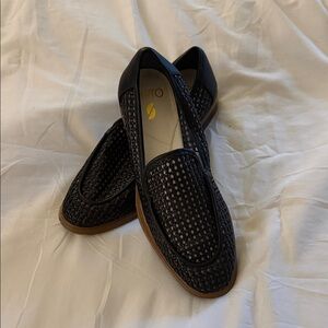 SARTO By Franco Sarto Black Woven Leather Slip-On Loafers with Tan Sole